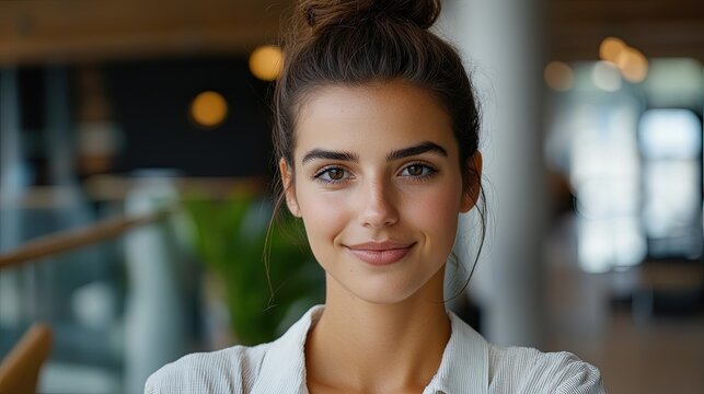 A woman with short hair tied in a bun, wearing office clothes, against a blurred interior background. 