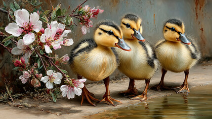 Three Ducklings in Spring Blooms - High-Resolution Detailed Painting