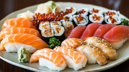 A plate of fresh sushi nigiri, salmon, and eel, beautifully arranged on a