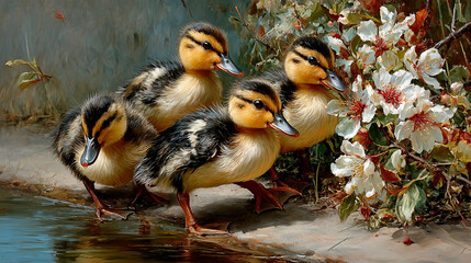 Four Playful Ducklings in English Garden - Detailed Brush-Style Oil Painting