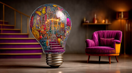 Surreal Castle Light Bulb with Velvet Armchair – Artistic Interior Design Symbol