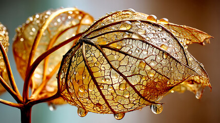 Hyper-Realistic Gold and Brown Leaf with Dewdrops &ndash; Elegant Nature Photography