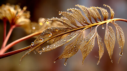 Delicate Gold Leaves with Glistening Dewdrops &ndash; Serene Morning Close-Up