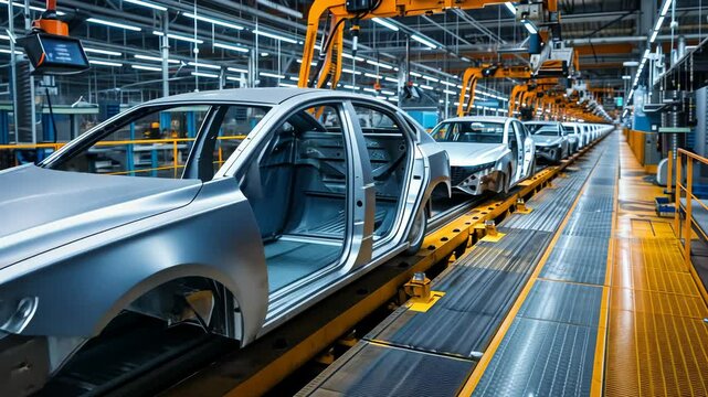 A modern car factory shows rows of chassis on a conveyor, with robotic arms overhead, building vehicles in a precise production line. The automated manufacturing shows a streamlined process.