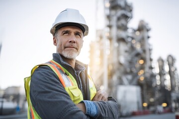 Fototapeta premium Construction worker in safety gear at industrial site professional environment