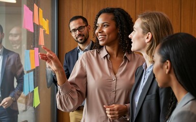 Vibrant brainstorming session in a bright office with a young African woman sharing ideas by sticking sticky notes on a glass board, while a diverse business team listens intently