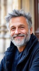 An older man with gray hair and a beard, smiling, with a warm expression, against the background of an old building. 