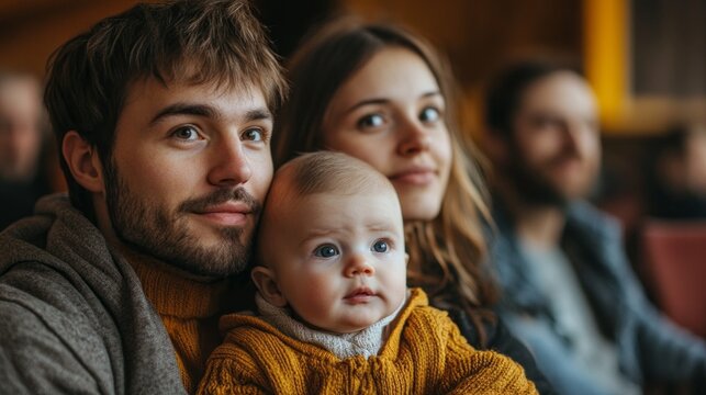 Couple passionately listens to city council discussions about public parks while holding their baby. The atmosphere reflects community involvement and civic responsibility.