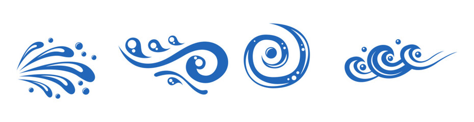 Blue water splashes waves drops blots decorative