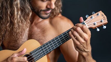 Obraz premium Hawaiian man with long hair playing ukulele, dark background. 