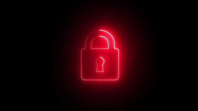 abstract neon glowing lock icon animation in red color security encryption privacy padlock protection sign symbol on black background.
