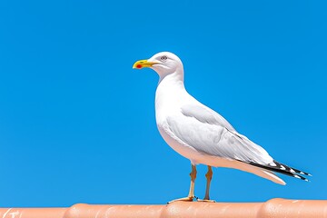 Fototapeta premium Seagull on Roof with Blue Sky.