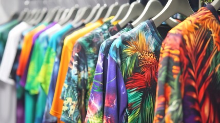 Obraz premium A vibrant collection of tropical patterned shirts hanging on a clothing rack, showcasing colorful designs and fashion style