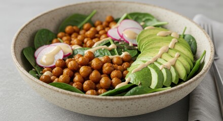 Bowl with chickpeas avocado spinach radish and dressing on a gray surface.