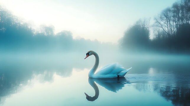 Swan Swimming in Misty Lake at Dawn Reflecting Serene Stillness