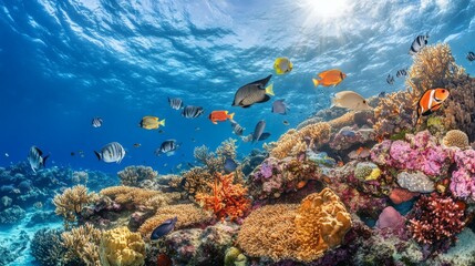 Fototapeta premium Vibrant coral reef teeming with colorful fish, underwater scene, ocean background, perfect for travel brochures