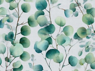 Watercolor painting of round leaves on branches in various shades of green and teal on a light background.