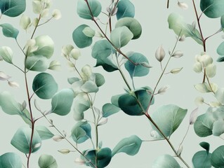Eucalyptus branches with round, teal-green leaves arranged in a scattered pattern against a solid light sage-green backdrop. 