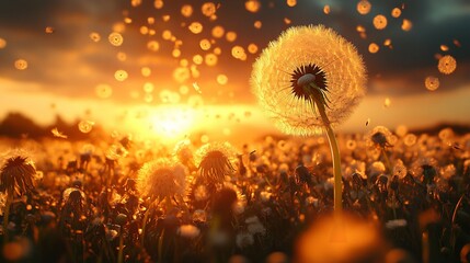 dandelion seeds drifting across clear blue summer sky  