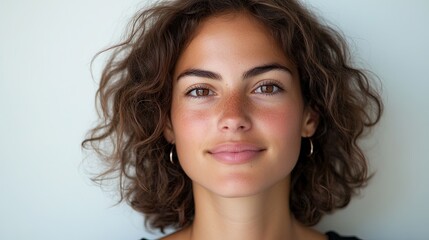 Naklejka premium Portrait of a woman in focus, with a neutral background and emphasis on natural facial features. 
