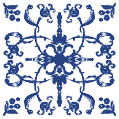 A vector hand-drawn Italian style ornament pattern. Symmetrical floral and abstract motifs, and a rustic Mediterranean charm. Perfect for use in textile design, home decor, wallpaper, packaging. 