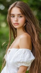 Naklejka premium Portrait of a young girl in natural makeup, with long flowing hair, against the background of a green forest. 