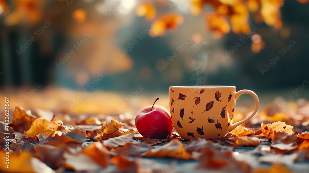 Poster steaming cup of hot drink and red apple resting on autumn leaves in the forest