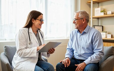 Obraz premium Caring medical care moment in a comfortable clinic examination room with a young female doctor talking gently with an elderly male patient and carefully listening to his symptoms and health condition
