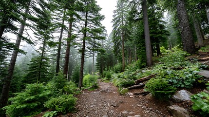 Obraz premium Foggy Oregon Forest Trail in Moody and Serene Landscape Setting