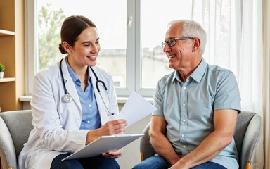Caring medical care moment in a comfortable clinic examination room with a young female doctor talking gently with an elderly male patient and carefully listening to his symptoms and health condition