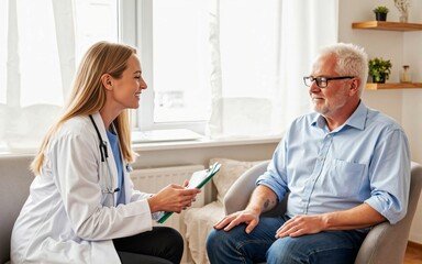 Obraz premium Caring medical care moment in a comfortable clinic examination room with a young female doctor talking gently with an elderly male patient and carefully listening to his symptoms and health condition