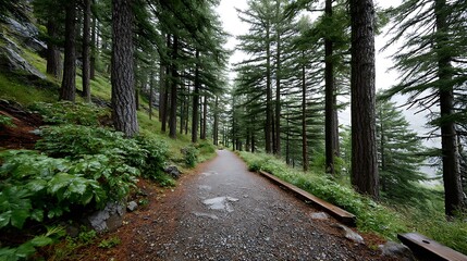 Fototapeta premium Foggy Moody Forest Trail in Oregon Landscape Serenity