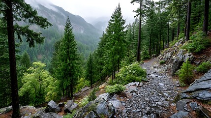 Obraz premium Foggy Oregon Forest Trail with Lush Greenery and Rocky Terrain