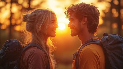 Couple sharing a warm moment outdoors at sunset.