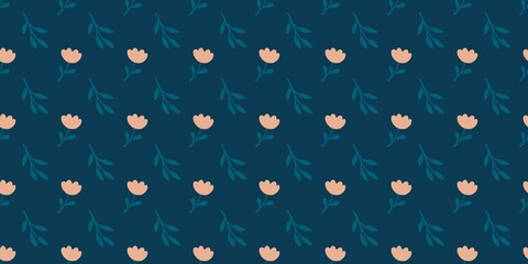Seamless pattern with hand-drawn pastel flowers and green leaves on blue backgrounds, perfect for textile, packaging, wallpaper, wrapping paper and digital design