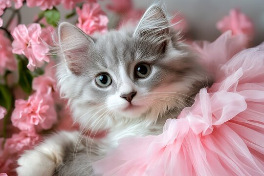Fluffy gray kitten nestled among delicate pink flowers - Powered by Adobe