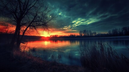 Fototapeta premium Serene sunset landscape with colorful sky over calm river red art blue view dark trees water green