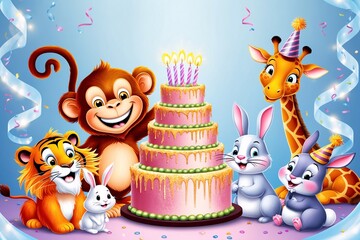 Fototapeta premium Animals Celebrating Birthday, Animals Birthday Background, Animals Birthday Wallpaper, Animal Party Wallpaper, Animal Birthday Scene, Animals with Cake, Birthday Banner Animals, Happy Birthday