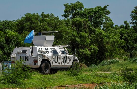 Juba, South Sudan - 04 21 2025: United Nations armored vehicle on patrol in Africa