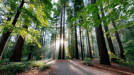 Obraz premium Sunlight Filtering Through Tall Redwood Trees in a Natural Forest