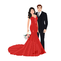 Indian Wedding Couple Standing wearing Suit and Red Gown in Romantic pose	