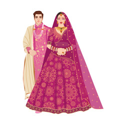 Young Indian Couple Standing Wearing Royal Luxurious Pink Sherwani And Lehanga. 