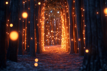 Obraz premium Magical forest pathway illuminated by glowing lights at twilight