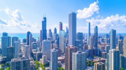 Naklejka premium Aerial view of a vibrant city skyline under a clear blue sky with clouds and lake in background