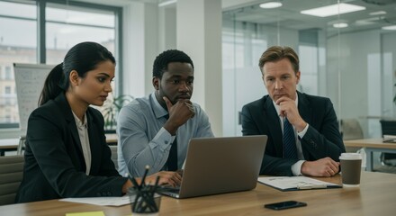Three Professionals Collaborating, Focused on Laptop in Modern O