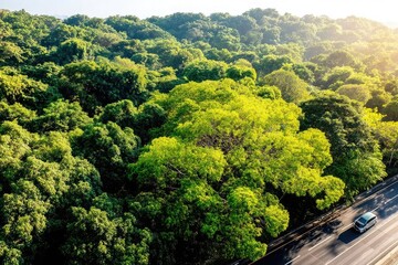 Aerial view of a lush, green forest with a car driving on a highway, a concept for environmental protection and addressing global warming