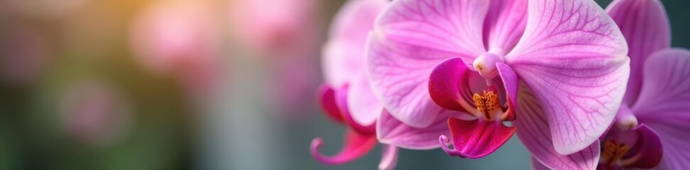 Obraz premium Close-up pink orchid blossoms, shallow depth of field, soft pastel tones , orchid, wedding