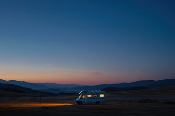 Fototapeta premium Holiday trip on large family motorhome for holiday in beautiful natural nature, abstract vivid composition consists of fictional unreal fantastic vision on background