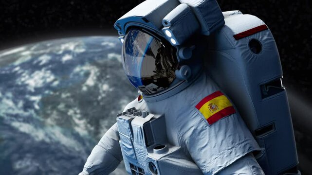 Spain Astronaut with arm patch flag floating through space. Space program. Spaceman. Earth in background. The country showing national pride. 