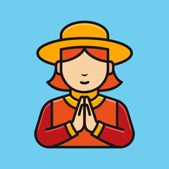Cartoon woman with orange hair wearing a hat and praying gesture